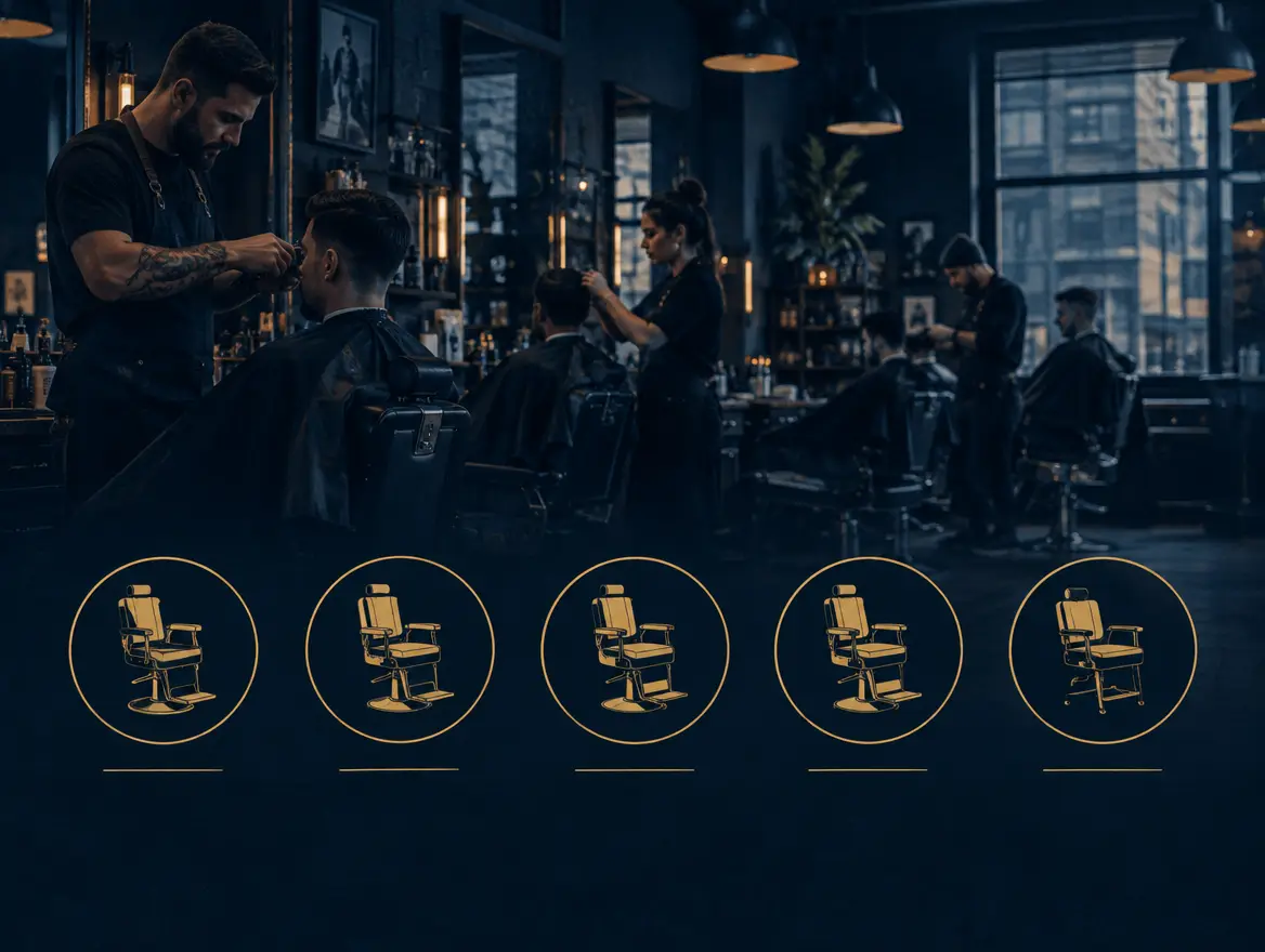 Five icons showing barber chair types: full-time, trial, rostered, cover, rent-a-chair