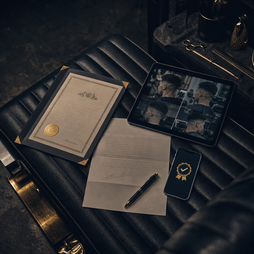Barber certificate, portfolio tablet, reference letter and phone showing a verified profile